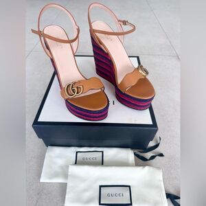 Gucci Lifford GG Marmont Brown Leather Platform Espadrille Sandals EU 39 US 9